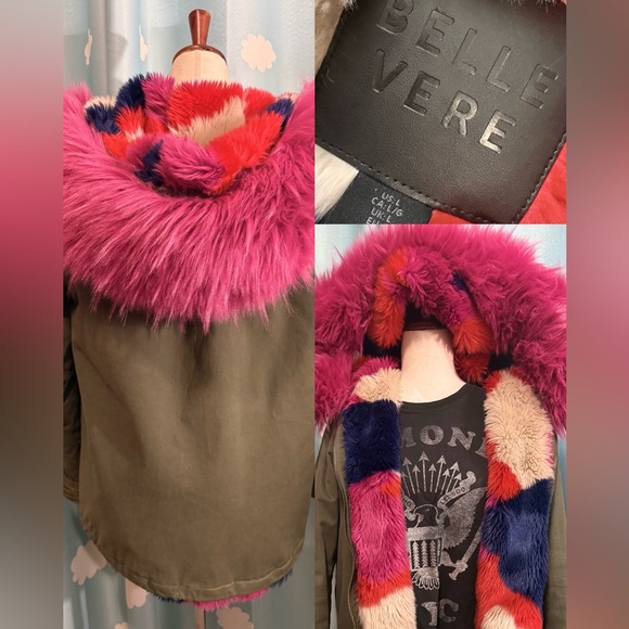 Belle Vere Jackets & Blazers - Multicolored faux fur military Army coat with pink hood-L